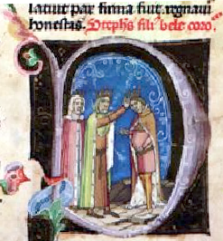 Couronnement d'Étienne V de Hongrie - miniature du Chronicon Pictum - XIVe siècle